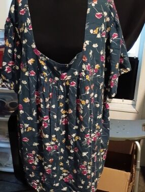 Terra & Sky Teal Floral Scoop Neck Tunic with Pink & Yellow Blooms